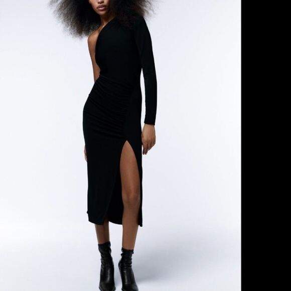 Zara asymmetric 1 Arm High Neck Black dress with gathering Nwt XS - Picture 1 of 6
